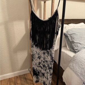 Black and White Tie-Dye Fringe Dress